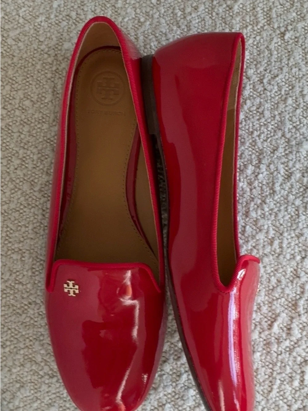 Tory Burch Red Patent Leather Loafers with Gold Logo Samantha smoking slipper
